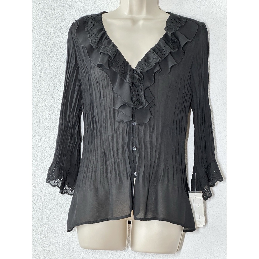 New Black Ruffled Semi-Sheer Shirt Blouse Ruffle Dark Romantic‎ Whimsigoth